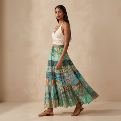 Patchwork Silk Skirt Aqua