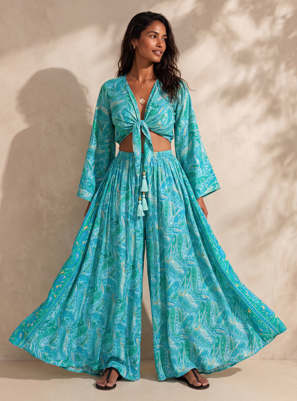 Kira Silk Cropped Top & Palazzo| Turquoise