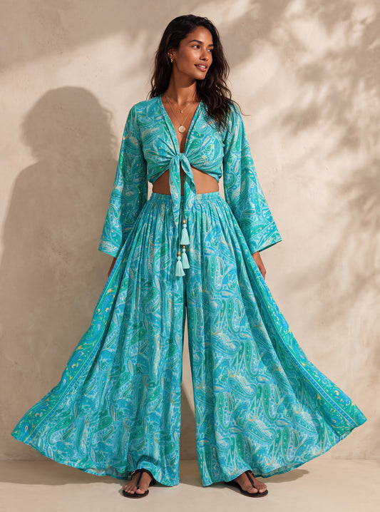 Kira Silk Cropped Top & Palazzo| Turquoise
