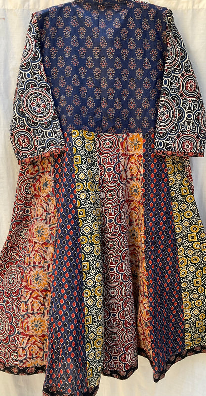 The Patchwork Ajrakh Cotton Duster| Navy Blue
