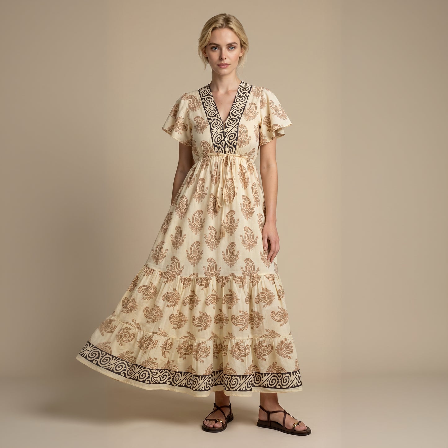 Kaya Block-Print Cotton Dress| Beige