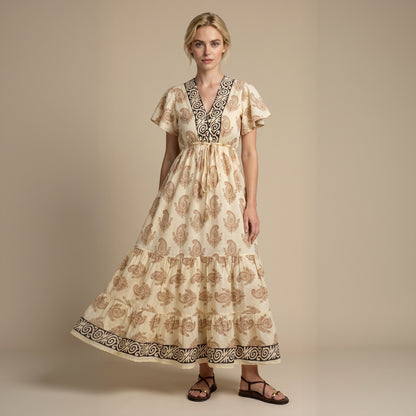 Kaya Block-Print Cotton Dress| Beige