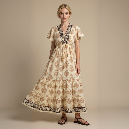 Kaya Block-Print Cotton Dress| Beige