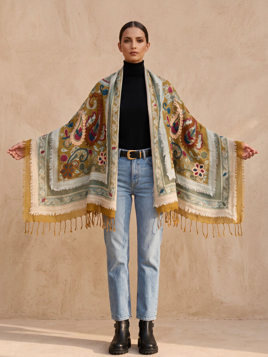 Tanvi Artisan 3 Layers Wool Scarf| Turmeric Green