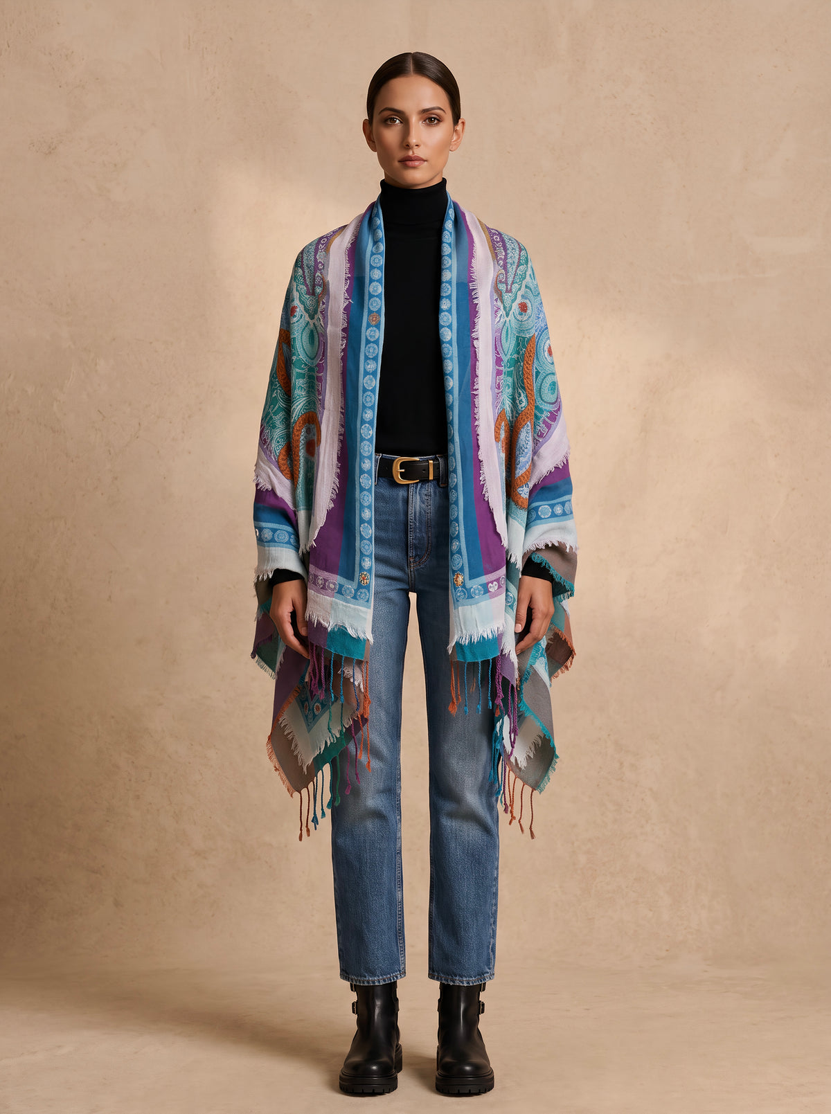 Tanvi Artisan 3 Layers Wool Scarf| Blue Green