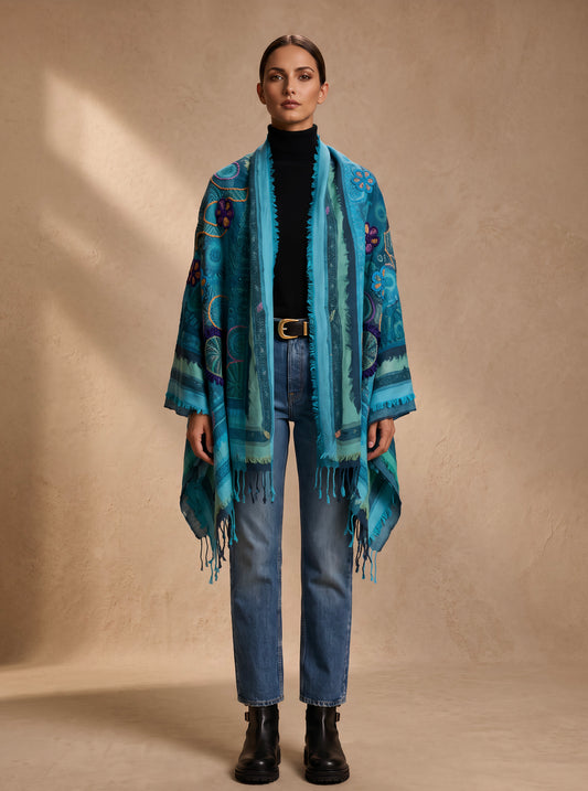 Tanvi Artisan 3 Layers Wool Scarf| Teal Blue