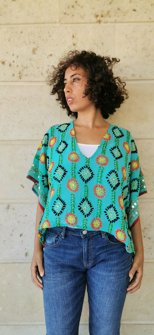 Azmiralda Hand Embroidered Top In Green
