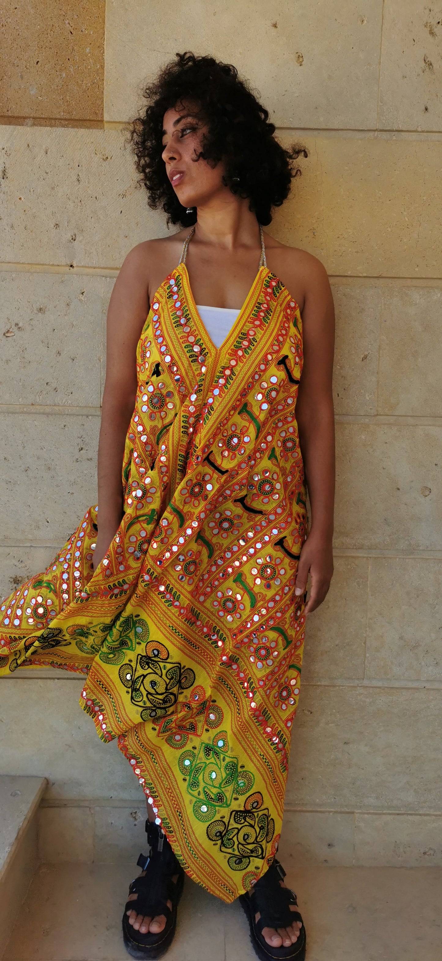 Kishori Mirror Embroidered Backless Dress in Yellow
