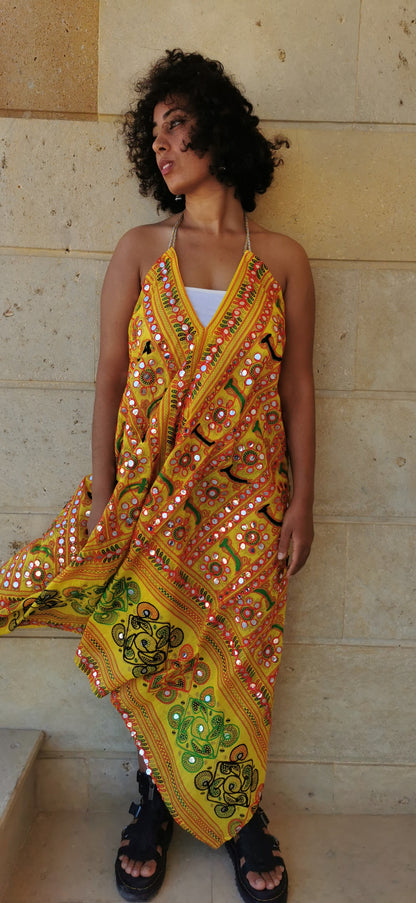 Kishori Mirror Embroidered Backless Dress in Yellow