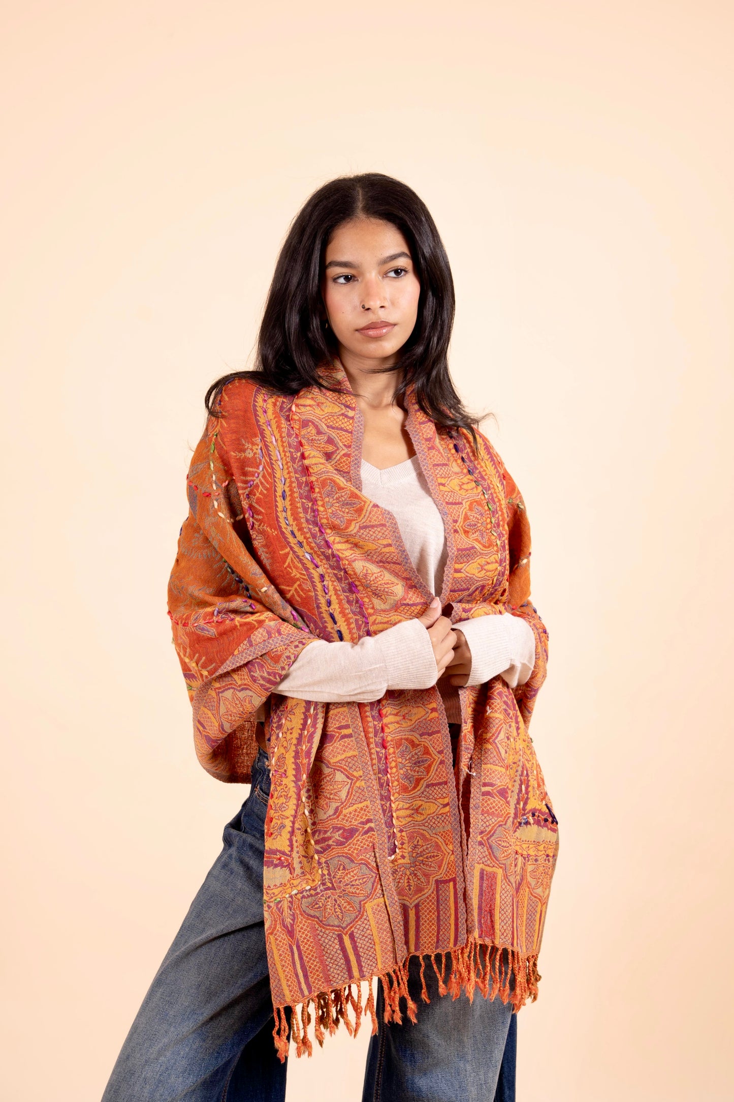 Astarte Woollen Embroidered Scarf: Ember