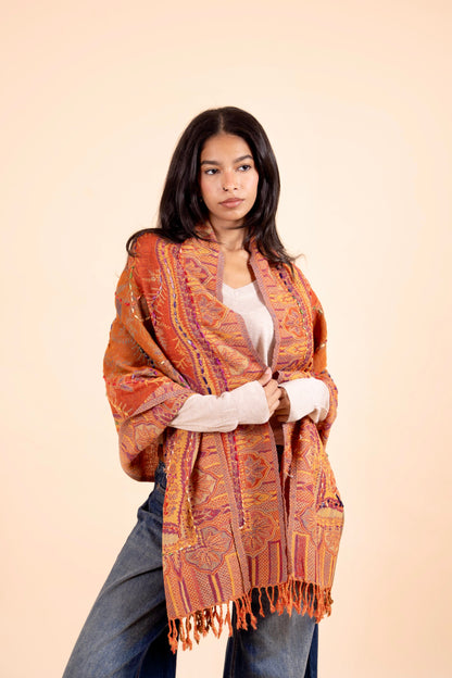 Astarte Woollen Embroidered Scarf: Ember