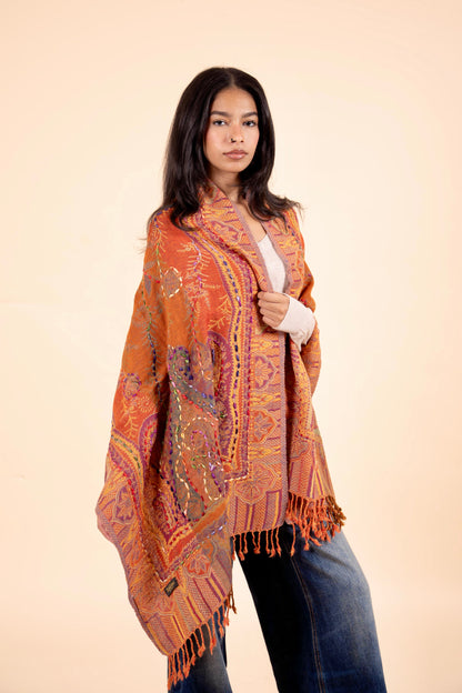 Astarte Woollen Embroidered Scarf: Ember