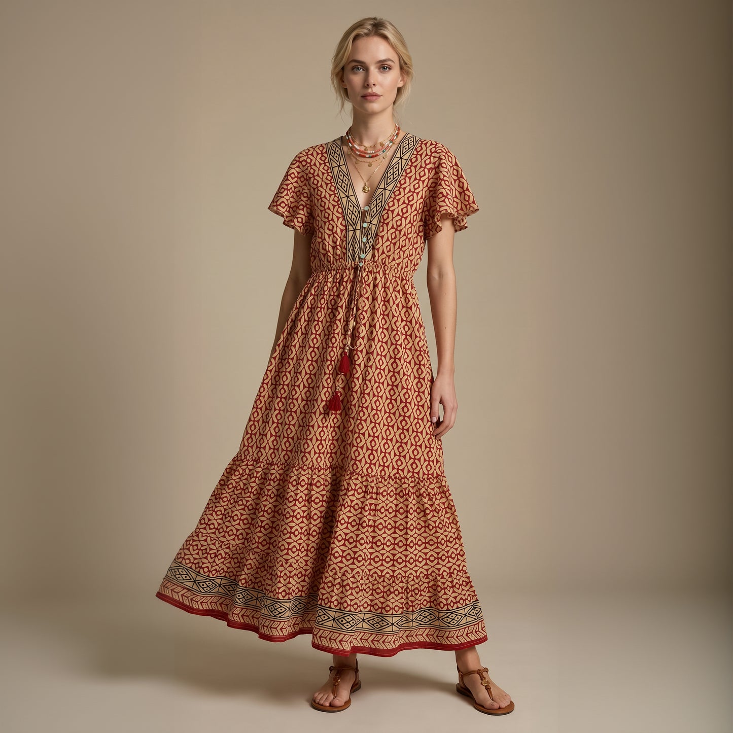 Kaya Block-Print Cotton Dress Maroon