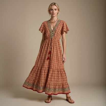 Kaya Block-Print Cotton Dress Maroon