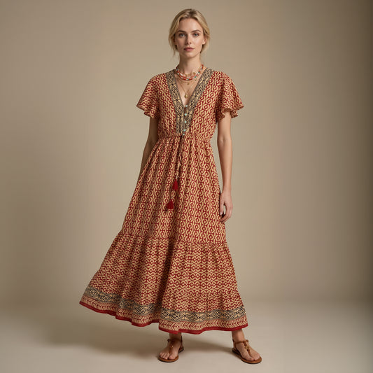 Kaya Block-Print Cotton Dress| Maroon